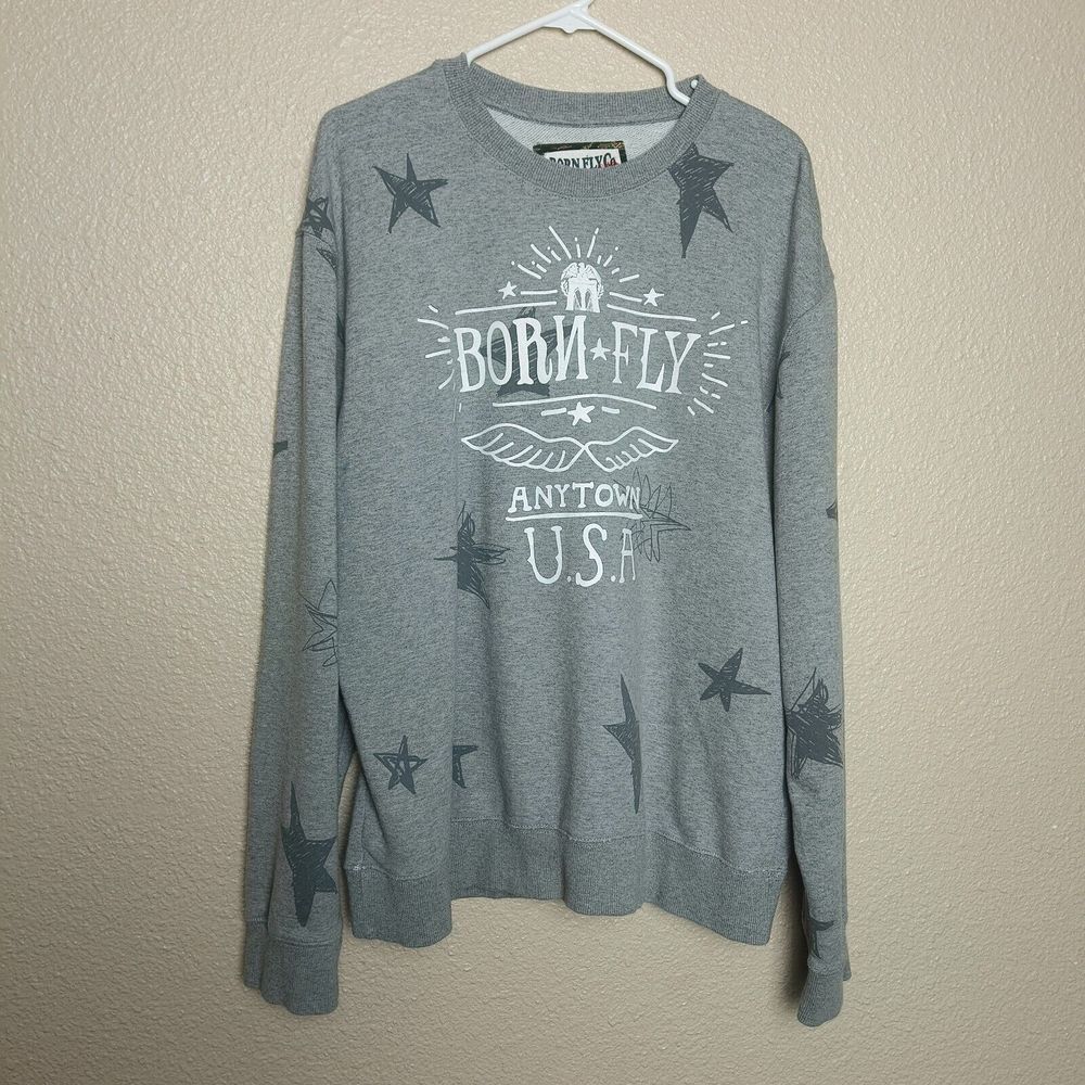 BORN‎ FLY CO ANY CITY gray sweatshirt with star designs size 2xl mens